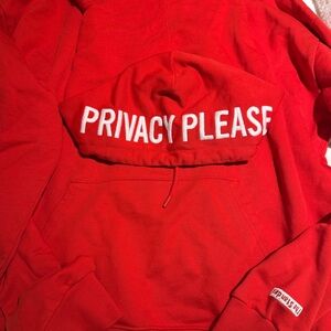 As New “Privacy Please” fire engine Red Hoodie from The Standard. L
